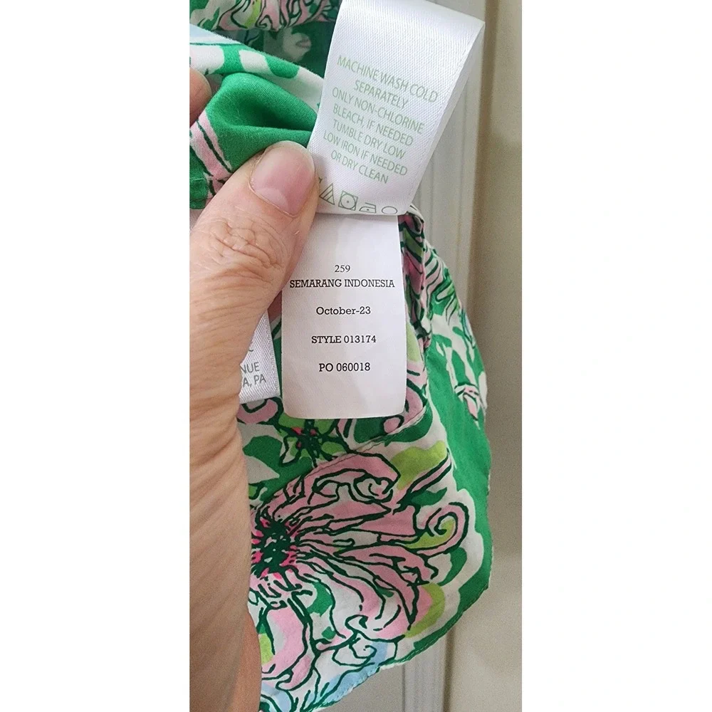 Lilly Pulitzer Green Pink Floral Cotton Puff Sleeve Blouse Top 013174 Size 12